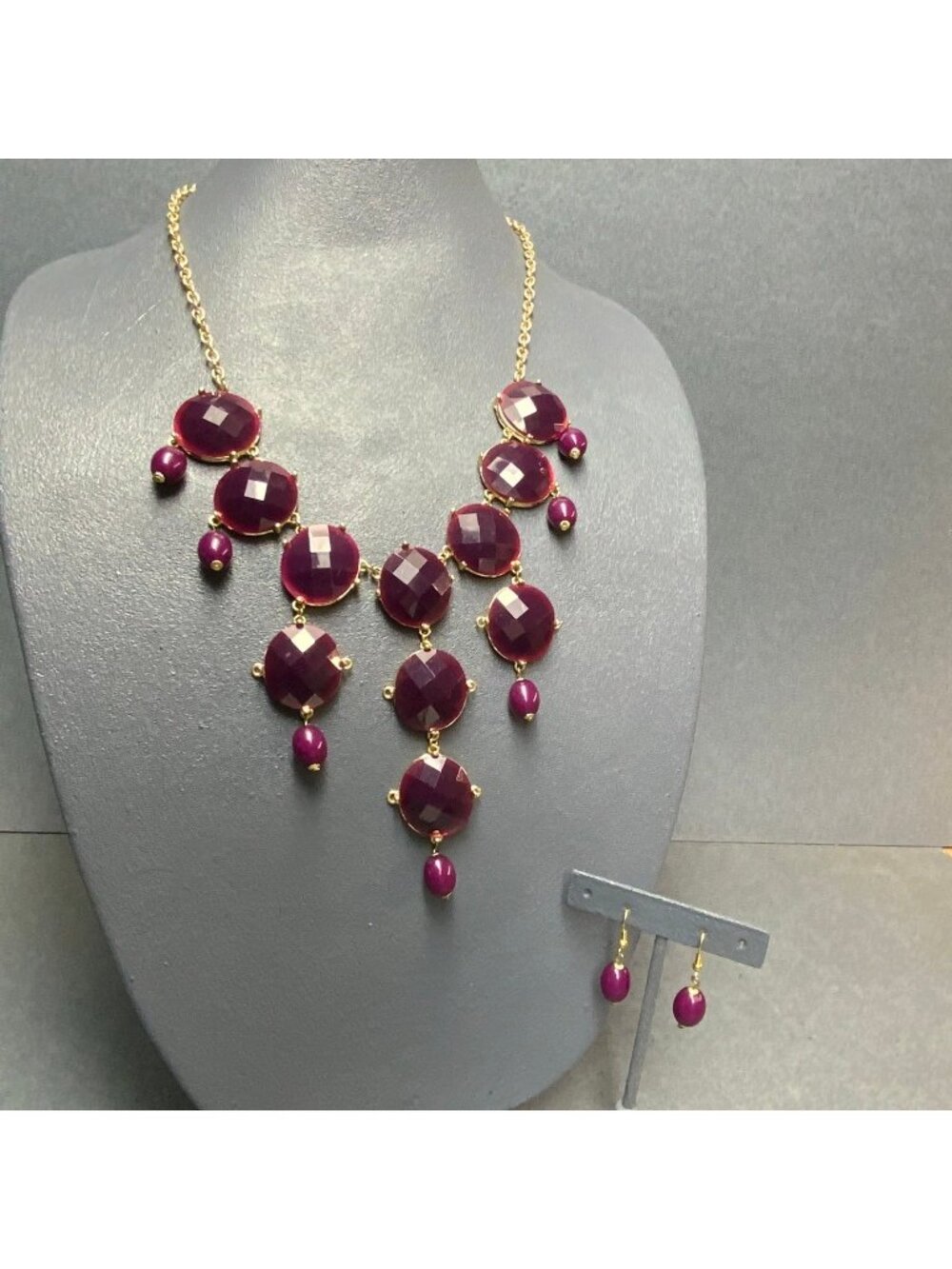 Statement Necklace Earrings 20 In Purple Gold Faceted Beads Plum Dangle Pierced